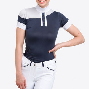 Camisa de equitación para mujer con bloques de color, manga corta, cuello alto, cierre de botones, top de punto transpirable - Product Image 5
