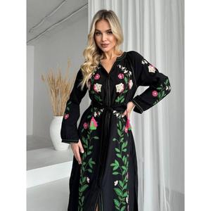 Vestido Negro Hecho a Mano en Ucrania para Mujer, con Bordado, Corte en A, Cintura Natural, 100% Algodón Transpirable, Estilo Vishivanka, Largo hasta la Rodilla - Product Image 3