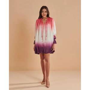Robe tunique ombrée pour femmes, robe courte tie-dye avec col à cordon, haut décontracté d'été tendance pour femmes - Product Image 1