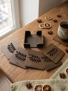 Leaf Cutout Solid Wood Coaster Set Handcrafted Heat Resistant Drink Mat Rustic <b>Table</b> <b>Protector</b> Coffee Tea Cup Holder - Product Image 2