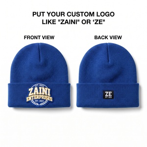 ZAINI Premium 240 GSM Acrylic Rib Knit Unisex Beanie Cap Royal Blue Cuffed Winter Hat with Custom Embroidered Applique Logo - Product Image 1