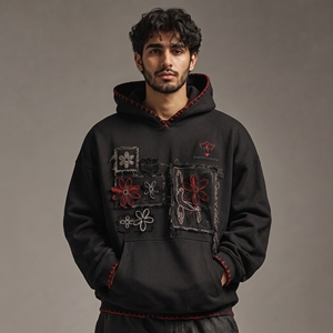 Casual and Outdoor Styling <b>Men</b> Embroidered Distressed Hoodie Vintage Streetwear <b>Pullover</b> Sweatshirt for Daily - Product Image 1