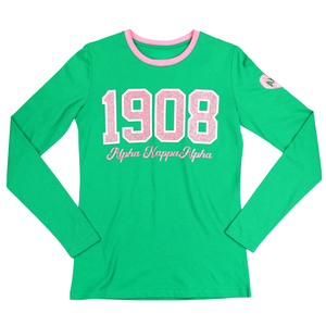 T-shirt vert à manches longues AKA 1908 pour femme, broderie chenille, vêtements de sororité grecque, tee-shirt en coton premium, coupe élégante - Product Image 1