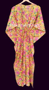 Vestido Kaftán Amarillo de Algodón Puro con Estampado a Mano, Estilo Indo-Occidental, Cintura Natural Asimétrica, Vestido Maxi Ecológico para Mujer - Product Image 3