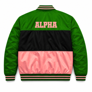เสื้อแจ็คเก็ตแข่งรถ Alpha Kapa Alpha Sorority แบบสั่งทำพิเศษ ปักโลโก้สีเขียวและชมพู สไตล์สำหรับผู้หญิง บุด้วยโพลีเอสเตอร์ - Product Image 3