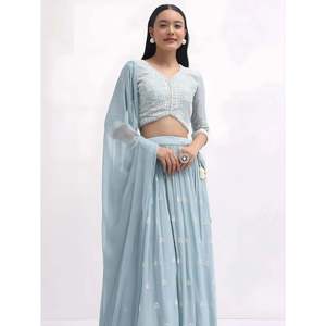 Vestido de Noche Adorable, Lehenga Choli de Georgette con Bordado de Hilo Azul - Product Image 3