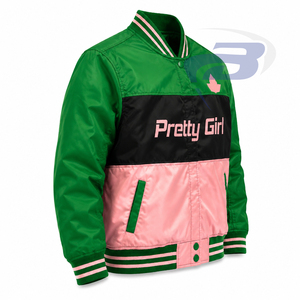 อัลฟ่า |   คาปา |   เสื้อแจ็คเก็ตครอปปักลายสำหรับผู้หญิง Alpha Sorority ชุดกีฬายูนิฟอร์มกรีกสไตล์วินเทจ สีเขียวและชมพู - Product Image 2