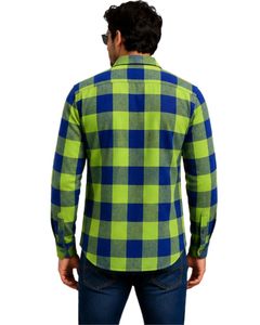 Camisa de Franela a Cuadros Verde Lima y Azul Marino para Hombre, Manga Larga, con Botones, de Algodón, Informal, con Bolsillos en el Pecho, Estilo Urbano - Product Image 2