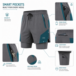 Men's Eco-Friendly Quick Dry Waterproof Compression <b>Shorts</b> with <b>Zip</b> <b>Pockets</b> and Contrast Panels for Gym and Basketball Wear - Product Image 5