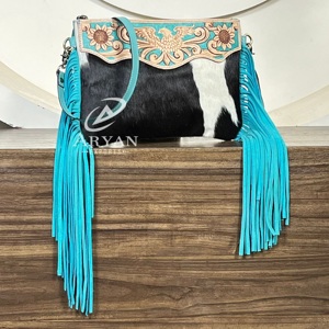 March Expo Cowhide Leather Crossbody Shoulder <b>Bags</b> With Fringes New Style Tooled Turquoise Leather Women's Purse <b>Gift</b> for Her - Product Image 1