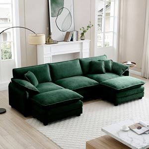 Divano Modulare a U Oversize a 3 Posti con Pouf Convertibili, in Tessuto Corduroy Verde, 2 Poggiapiedi, Comodo per Conversare - Product Image 1