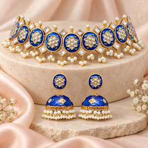 Ensemble collier et boucles d'oreilles Jhumka Meenakari bleu roi, vente en gros, fabricant de bijoux artificiels, niveau usine - Product Image 2