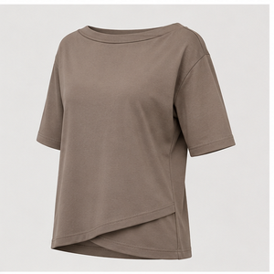 T-shirt pour femme, couleur taupe brun, col bateau, manches aux coudes, coupe décontractée, WTS-0089 - Product Image 4