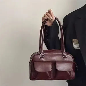 Bolsos de Hombro Vintage para Mujer, Bolsos de Mano Sencillos para el Trabajo, Bolsos de Cuero PU para Mujer, Bolsos de Mano Grandes Color Borgoña - Product Image 1