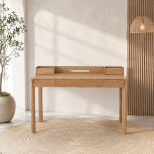 Escritorio de Madera de Teca Natural con Organizador Elevado y Cajones para Habitaciones de Hotel, Muebles para Proyectos Comerciales, Indonesia - Product Image 1