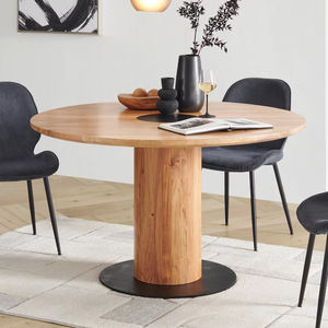 Mesa de comedor redonda con base de pedestal llamativa, tablero de madera maciza de acacia, acabado negro y natural, para el hogar, cocina o restaurante. - Product Image 1