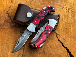 Custom Logo Damascus Steel Red Handle Back <b>Lock</b> Pocket Knife Hand Forged Folding Folder Factory Direct OEM ODM Wholesale - Product Image 1