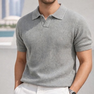 Men's Black <b>Waffle</b> Fabric Knitted for <b>Shirt</b> Short Sleeve Solid Color Smart Casual Breathable Turn Collar Regular Fit Back Neck - Product Image 6