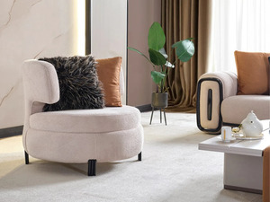 Ensemble de canapés de luxe en teck massif, canapé incurvé moderne en bouclette crème 3+2+1 places, table basse, mobilier de salon pour villa - Product Image 4