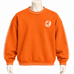 <b>Mens</b> <b>Orange</b> Stitched Border Distressed Crewneck Sweatshirt Loose Fit Pullover Long Sleeve Casual Streetwear Training Fashion Top - Product Image 1