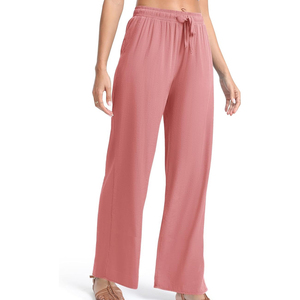 Pantalon large taille haute pour femme, vert uni, en coton tricoté et élasthanne, avec cordon de serrage, décontracté, ample, longueur totale, respirant, pour l'été - Product Image 4