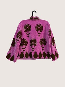 Manteau en velours rose à col mandarin avec imprimé floral, manches longues, vêtement d'extérieur décontracté pour adultes, tenue d'automne - Product Image 2