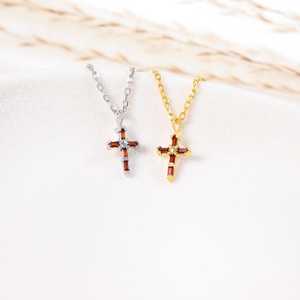 <b>Garnet</b> Pendant 925 Sterling Silver 14K Gold Plated Faith Cross Gothic Necklace Dainty Spiritual Jewelry Gift - Product Image 3