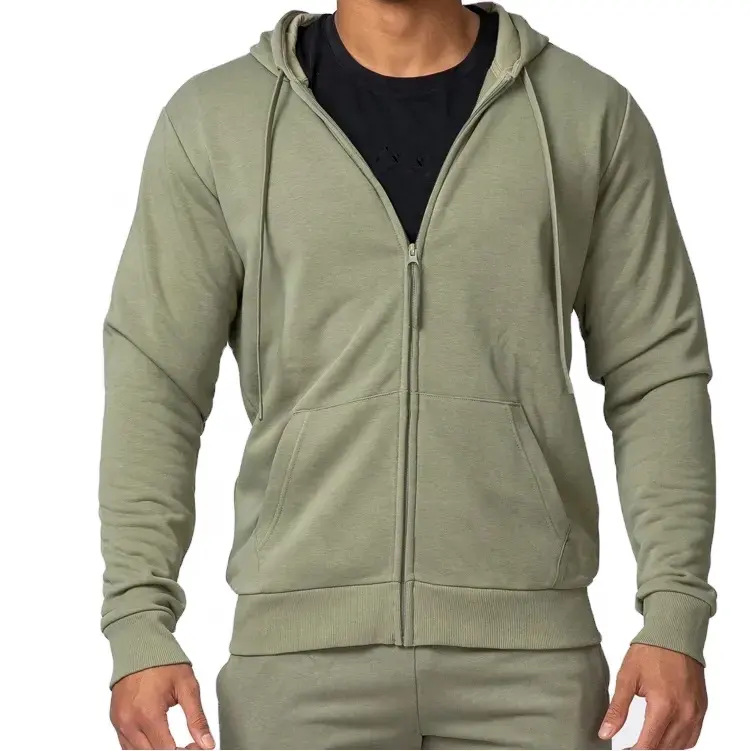 Wholesale Custom Printed logo French Terry Cotton Plain Sage Green Color Full Zip Up Sports Hoodies Sweatshirts For Men slim fit