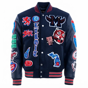 Chaqueta Varsity Azul Oscuro Personalizada, Estilo Letterman, Béisbol, Bomber, Ropa Urbana para Mujer, Vintage, con Parches Impresos y Chenilla en la Parte Delantera, Transpirable - Product Image 1