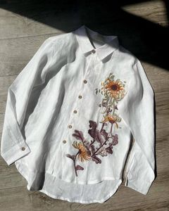 Camisa de Manga Larga de Algodón Blanco para Mujer, Blusa Casual con Botones y Bordado Floral Grande para Venta al por Mayor B2B - Product Image 5