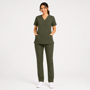 Ensemble de blouses médicales vert olive pour femmes, col en V, uniforme de soins de santé, tenue de travail pour infirmières, haut et pantalon, vente en gros - Product Image 1