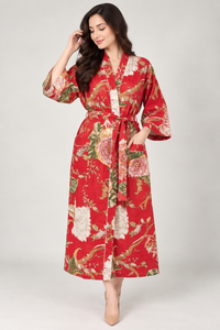 Robe Kimono en Coton Rouge à Motifs Floraux - Peignoir Long Imprimé à la Main - Vêtement de Nuit Bohème à Col en V - Kaftan Longue Épaisseur - Product Image 2