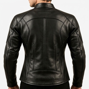 Veste en cuir noire pour homme, col montant, fermeture éclair, coupe ajustée, style motard, fabrication sur mesure OEM ODM, vente en gros - Product Image 4