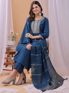 <b>Women</b> Embroidered <b>Kurta</b> Set With Trousers And Dupatta Blue Cotton Traditional Loose Fit Knee Length Casual Wear India Pakistan - Product Image 1