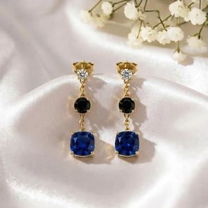 Blue Sapphire Gemstone Earrings With <b>Black</b> Obsidian Drop Cushion Cut Dangle Earrings Fine Jewelry Gift For Women - Product Image 4
