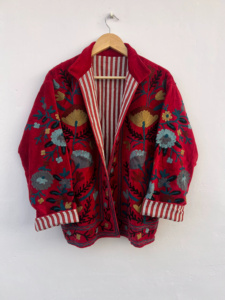 MONIT MARKETING Top Trendy Red Velvet Suzani Bomber <b>Jacket</b> | Bohemian Women's Autumn/Winter <b>Reversible</b> Vintage Hand-Embroidered - Product Image 3