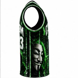 Herren Maßgeschneidertes Anonymous Mask Basketball-Trikot Ärmellos O-Ausschnitt Tanktop Grün Wärmeübertragungsdruck Schnelltrocknend 120g Polyester - Product Image 3