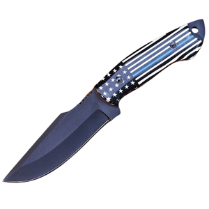 Black Fixed Blade Hunting Knife with Blue Black White American Flag Pattern Handle <b>Outdoor</b> Camping Utility Knife for Hiking - Product Image 1