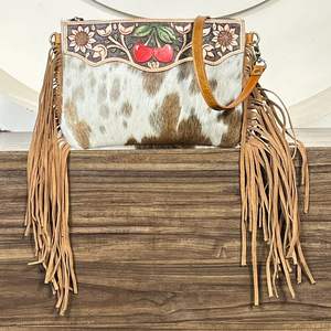 Handcrafted Tooled Cowhide Leather Cherry Motif Fringe Bag Western Style <b>Large</b> Capacity Shoulder Crossbody Travel Bag for Ladies - Product Image 5
