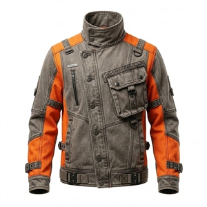 Veste cargo cyberpunk en toile délavée ambre ardoise orange, col cheminée industriel, avec anneaux en D et sangles, pour homme, personnalisable ODM OEM - Product Image 1