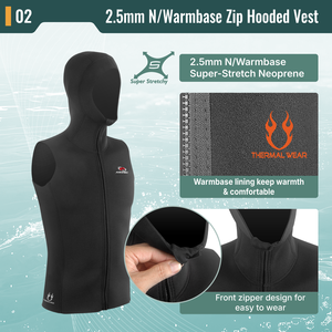 Aropec Gilet à capuche en néoprène Warmbase 2,5 mm, fermeture éclair frontale, super extensible, sous-vêtement thermique, haut de combinaison de plongée OEM/ODM - Product Image 3