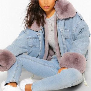 Econex Sports Women's Winter Denim Bomber <b>Jacket</b> <b>Fur</b> Trim Collar Cuffs Reversible Full Sleeves Detachable Collar Sleeves - Product Image 5
