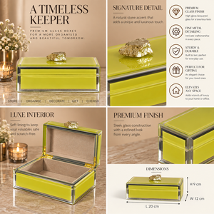 Lime Green Glass Jewelry Storage Box with Natural Stone Accent <b>Gold</b> Edging Glossy Finish Soft Lining Decorative Keepsake - Product Image 6