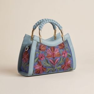 Bolso de Mano Étnico Kashmiri con Bordado Crewel, Color Verde Salvia con Flores Multicolores - Product Image 2
