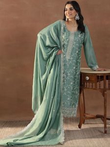 Ensemble prêt-à-porter entièrement cousu en soie Vichitra avec broderie à motifs de designer, comprenant un haut, un bas et un dupatta. - Product Image 1