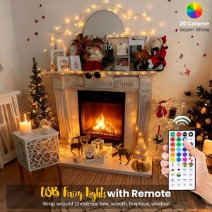 Guirlande lumineuse USB à brancher, 100 LED, 10 m, blanc chaud, 20 couleurs changeantes, effet lucioles, pour chambre et Noël - Product Image 1