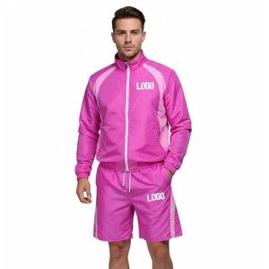 Men's Pink Color Blocking Track Suit Set With Logo Print Quick Dry Sporty Outerwear Summer Wear - Product Image 1