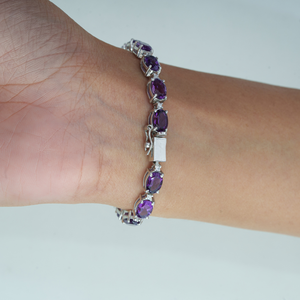 Handmade 925 Sterling Silver Natural Oval Cut <b>Amethyst</b> & Round Diamond Tennis <b>Bracelet</b> For Women's - Product Image 4