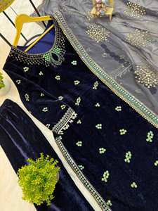 Conjunto Salwar Azul Marino de Diseñador con Dupatta, Bordado Intenso, de Secado Rápido, para Todas las Temporadas, Traje Étnico para Mujer - Product Image 4