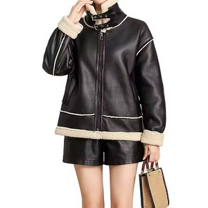 Veste de moto pour femme avec fermeture éclair, doublure en fausse fourrure, col montant, coupe-vent, légère, manteau d'hiver - Cuir véritable Moto - Product Image 1